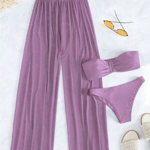 SHEIN Lavender Purple Bandeau Bikini Set with Cover Pants